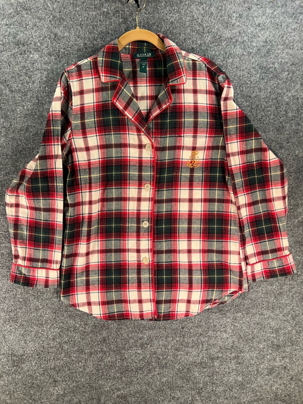 Lauren Ralph Lauren Women’s Red Green & White Flannel Pajama Top Plaid Size M
